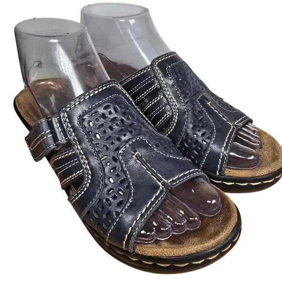 Clarks Bendables Navy Leather Buckle Strap Mid Block Heel Slip-On Clogs Size 6M - Picture 4 of 10